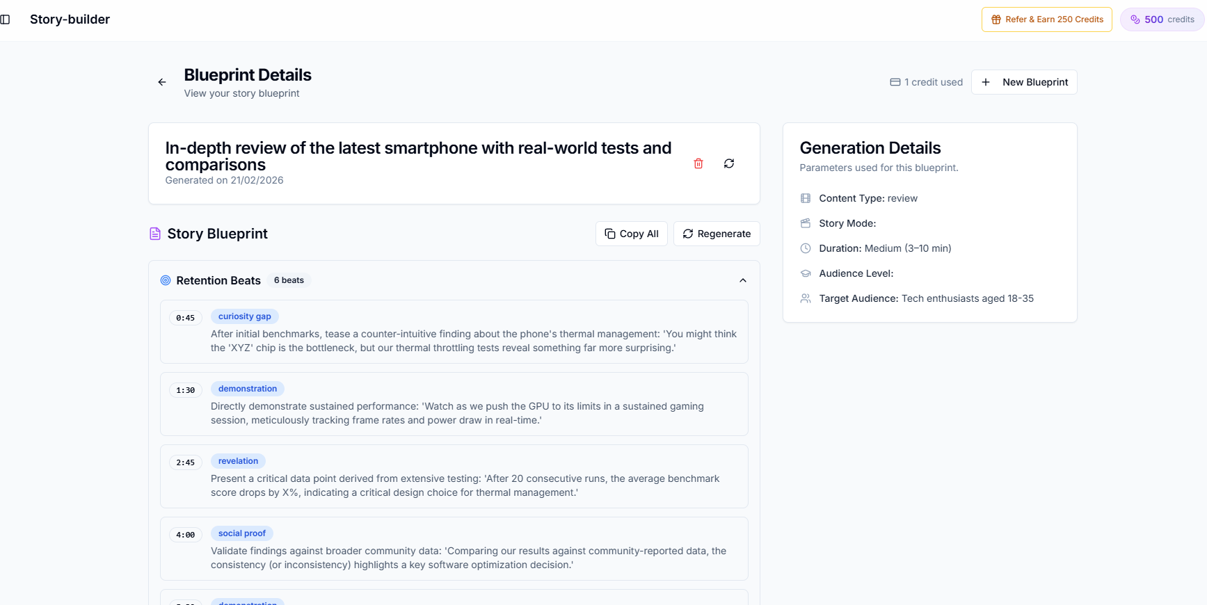 A three-act YouTube story structure planned in Creator AI's story builder